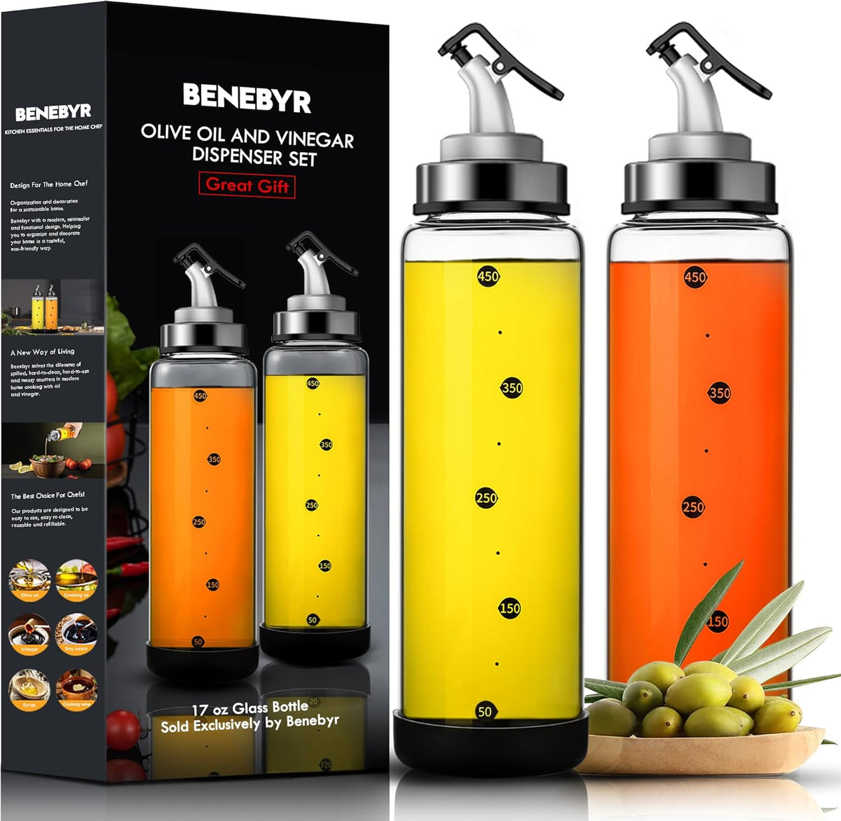Olive Oil Dispenser Bottle for Kitchen Shatterproof Glass Bottle with Leakproof Pourer Spout & Rubber Bottom 17 oz Oil and Vinegar Dispenser Set of 2 Olive Oil Bottle for Cooking