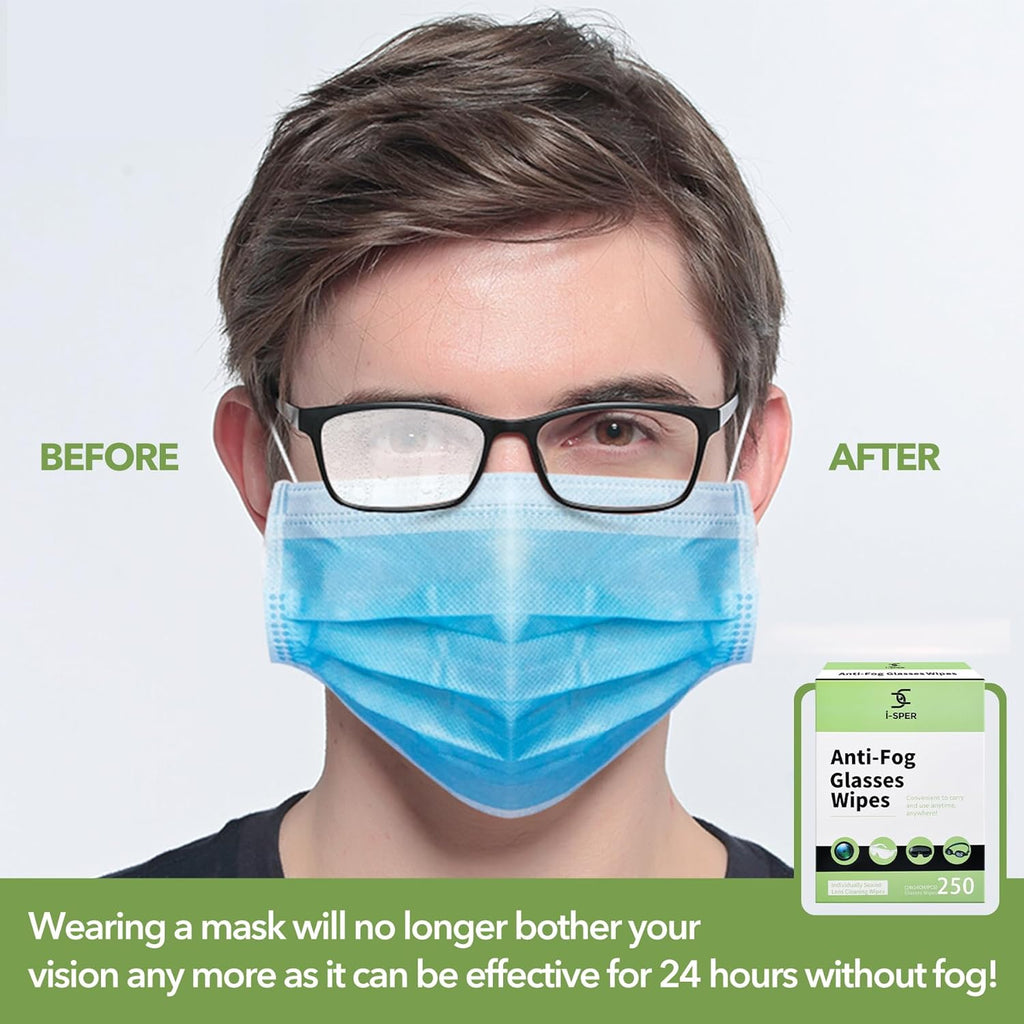 250 Count Anti Fog Lens Wipes for Eyeglasses, Pre-Moistened Individual Wrapped Glasses Wipe Lens Cleaner, with a Carrying Box, Defogging Screen Wipes for Eyeglasses, Sunglass, Goggles, Camera Lens