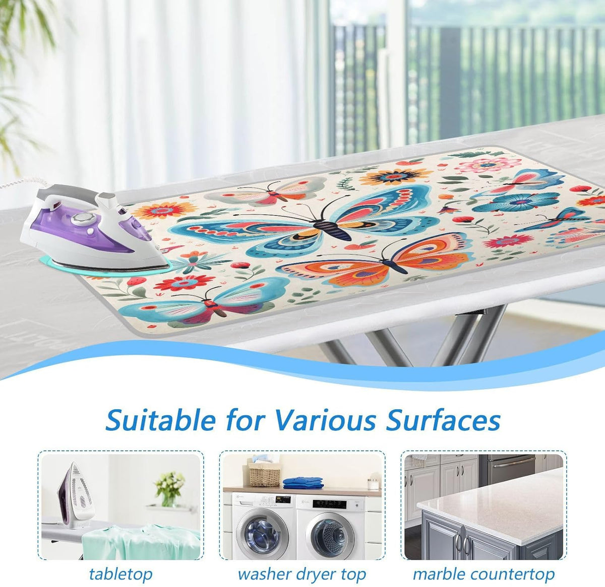 Decorative Butterfly Floral Ironing Mat Thickened Ironing Blanket Travel Portable Double-Side Using Ironing Pad Travel Isolate Heat Pad Cover for Washer Dryer Table Top Countertop 27.6x47.2in