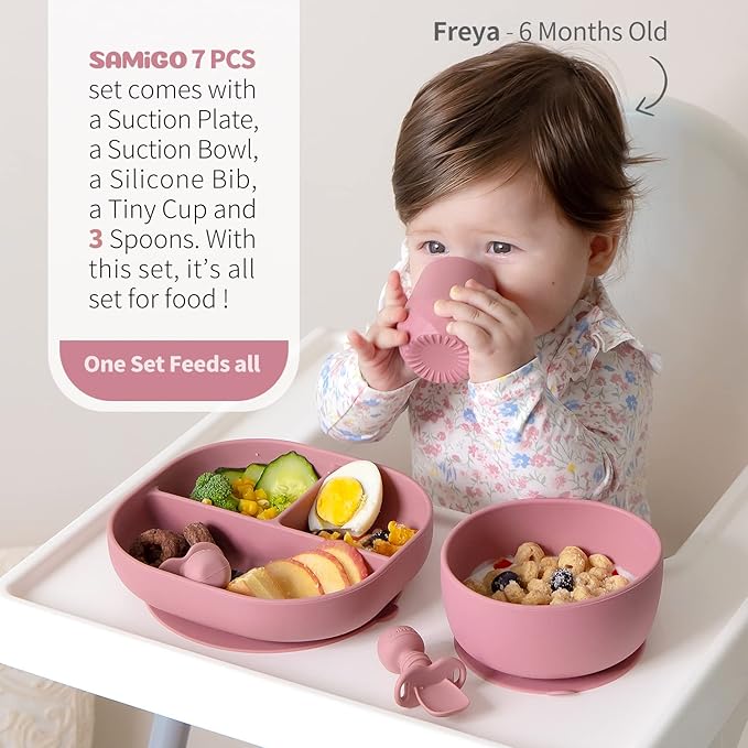 SAMiGO Silicone Baby Feeding Set, Baby Led Weaning Supplies, Suction Bowl Plate Bib Cup Self Feeding Spoons, Solid Food Eating Essentials, First Stage Utensils, 6+ Months