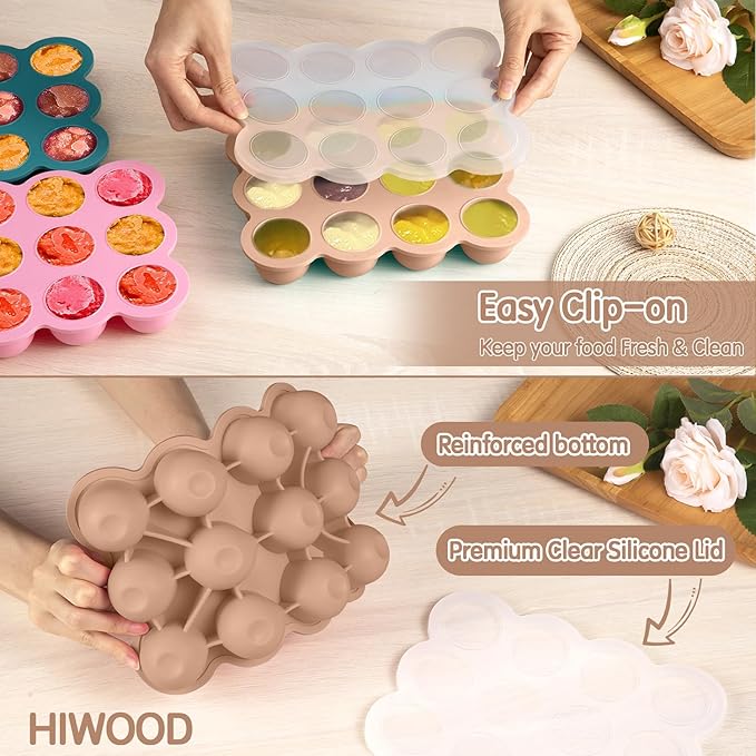 Baby Food Storage 12 x 1.5OZ Silicone Freezer Tray with Lid, Food Grade Silicone Containers for Purees & Vegetables Light Brown
