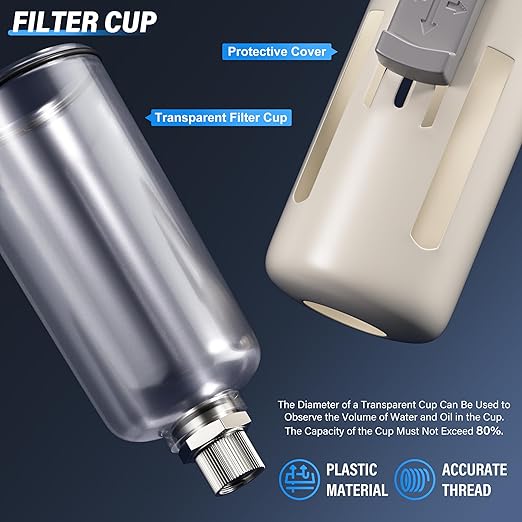 TAILONZ PNEUMATIC 0-150PSI 1/2 Inch NPT Particulate Filter+Coalescing Filter Air Filter Pressure Regulator Combo Piggyback, Air Tool Compressor Filter (Semi-Auto Drainage）