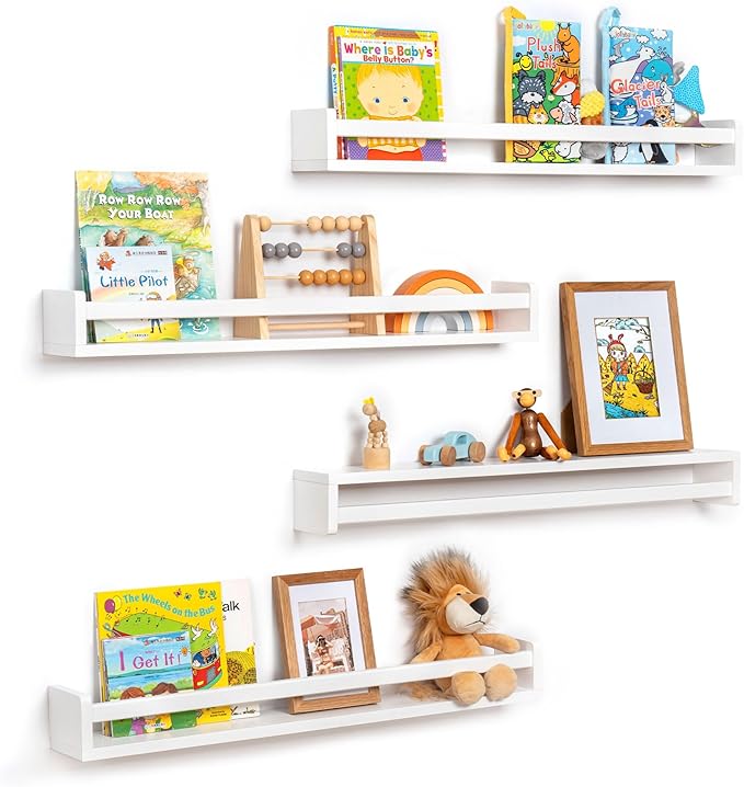 Fun Memories Nursery Book Shelves - Rustic Natural Solid Wood Floating Bookshelf for Kids - Wall Book Shelves for Kids Room (White, 32inch - 4P)