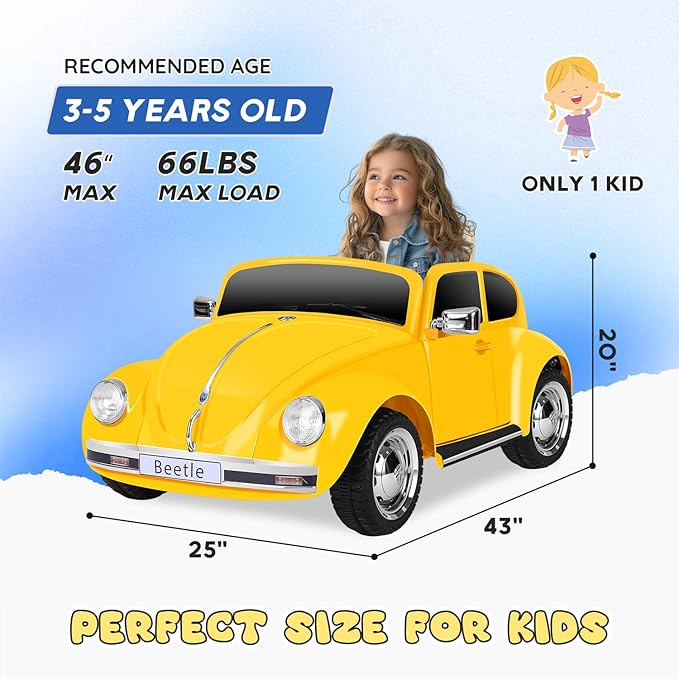 12V Kids Electric Car, Power Wheels with Remote Control, Ride on Car Toys with LED Light, 3 Speeds, Music, Yellow