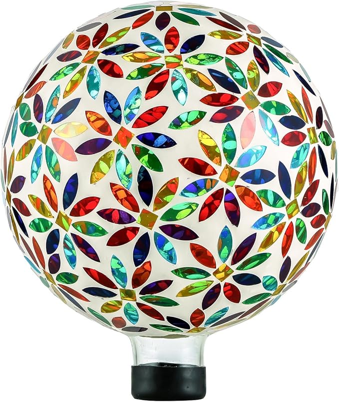 VOREEN Mosaic Glass Gazing Ball Outdoor Gazing Globe, Handmade Reflective Ball Yard Decoration for Homes, Patio, Lawn and Gardens, Gift for Mom Wife Friend, 10-Inch, Multi Colored Flowers Design