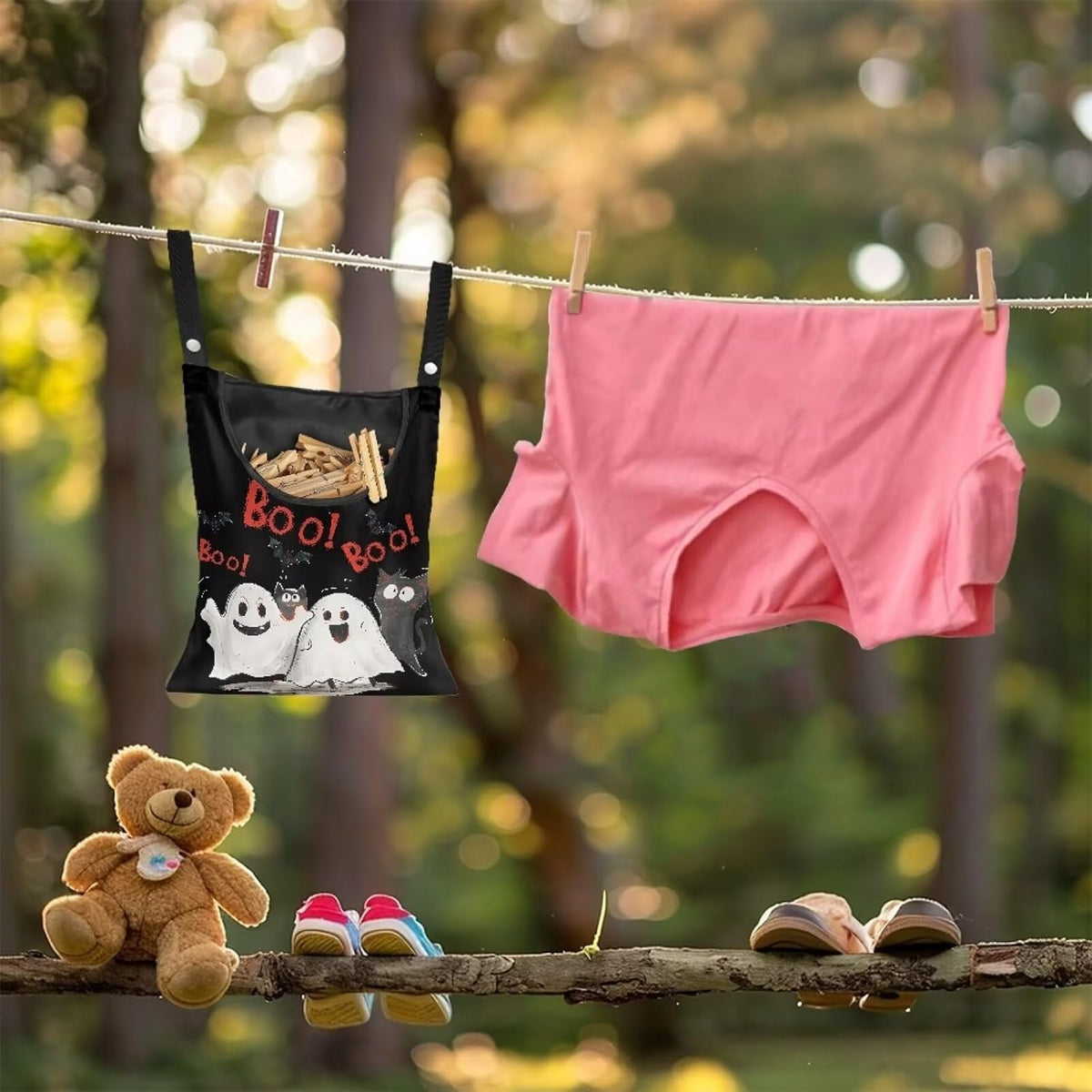 Cute Ghost Clothespin Bag Laundry Hanging Storage Organizer with Rope Clothespin Holder with an Extra Large Opening for Clothesline Outdoor Clothespin Storage with Hanger Hook