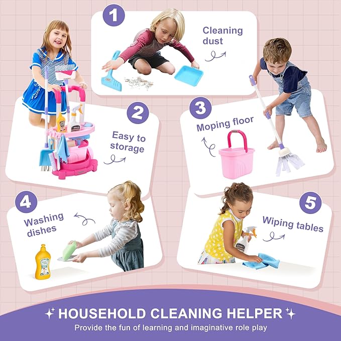 Jenilily Toddler Cleaning Set, Kids Cleaning Carts Toy Set, Detachable Kids Mop Broom Set for Toddlers - Pretend Play Educational Toy (Pink)