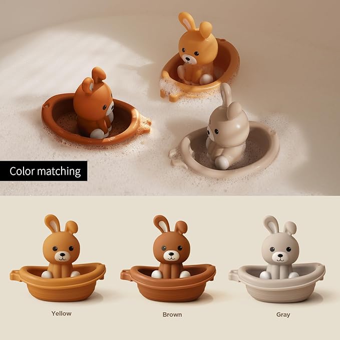 Nueplay Bathtub Toys for Toddlers 18M+，Baby Bath Toys with Animal Finger Puppets，Stackable Boat Train，Easter Bunny Gifts for Baby & Toddlers Set of 6