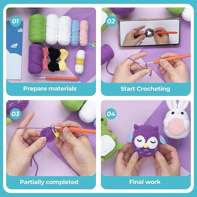 RoseFlower Crochet Kit for Beginners, Easy Crochets Starter Kits with Step-by-Step Video Tutorials, DIY Craft Knitting Crochet Animals Set for Kids Adult - 3 Pack Frog Owl Rabbit
