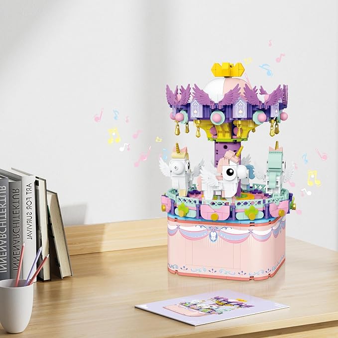 Music Box Building Toys, Rotating Carousel DIY Building Block for Girls and Boys 6 -12 Years Old, 874 pcs, STEM Construction Toy Christmas and Valentine Gifts for Adults and Aged 8 9 10 11 12 Kids