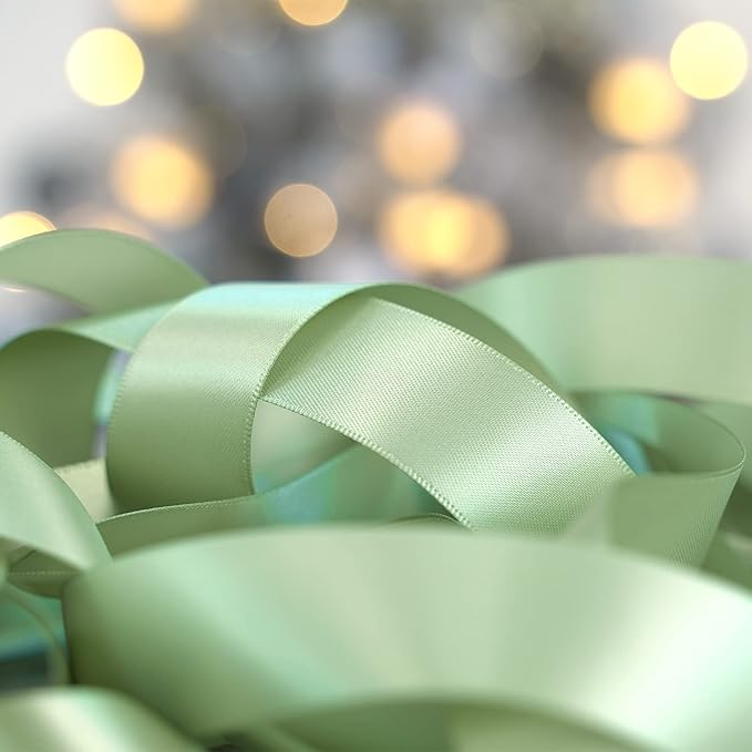 HUIHUANG Sage Satin Ribbon - 1 inch Light Sage Green Double Face Silk Satin Ribbon for Wedding Decor, Crafts, Gift Wrapping, Bows, Bridal, Floral, Bouquet, Invitation Card, Baby Shower, Party