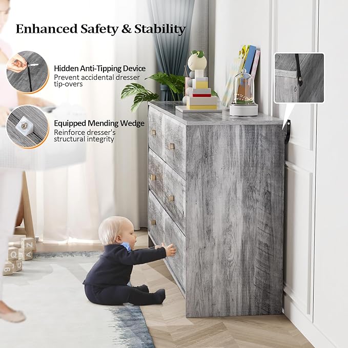 VINGLI Gray Dresser 6 Drawer, 54" Long Dresser for Bedroom, Wood Chest of Drawers with Textured Drawer Fronts, Rustic Grey Dressers Chest, 14.5" D x 53.9" W x 29.1" H