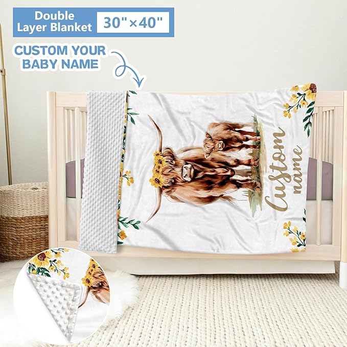 Personalized Baby Crib Bedding Set, 5 Pcs Custom Name Bedding Set, Double Layer Nursery Bedding Set for Boy Girl, Highland Cow Baby Crib Set, Gift for Toddlers Infants New Parents