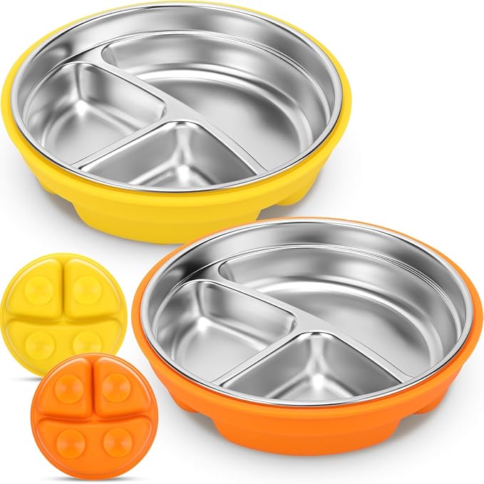 Nuogo 2 Pcs Stainless Steel Baby Suction Plates with Removable Silicone Shell 2-in-1 Metal Toddler Bowl Divided for Picky Eaters Kids Feeding Led Weaning Supplies, Dishwasher Safe (Yellow,Orange)