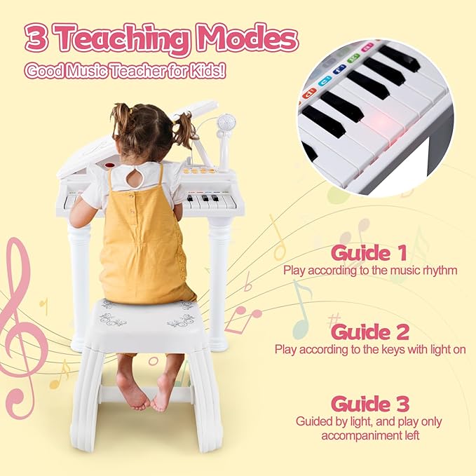 HONEY JOY Classical Kids Piano, 31-Key Toy Mini Grand Piano with Music Stand & Stool, Portable Electronic Educational Musical Instrument Toy w/ Microphone, Lights, Gift for Kids (White, 31 Keys)