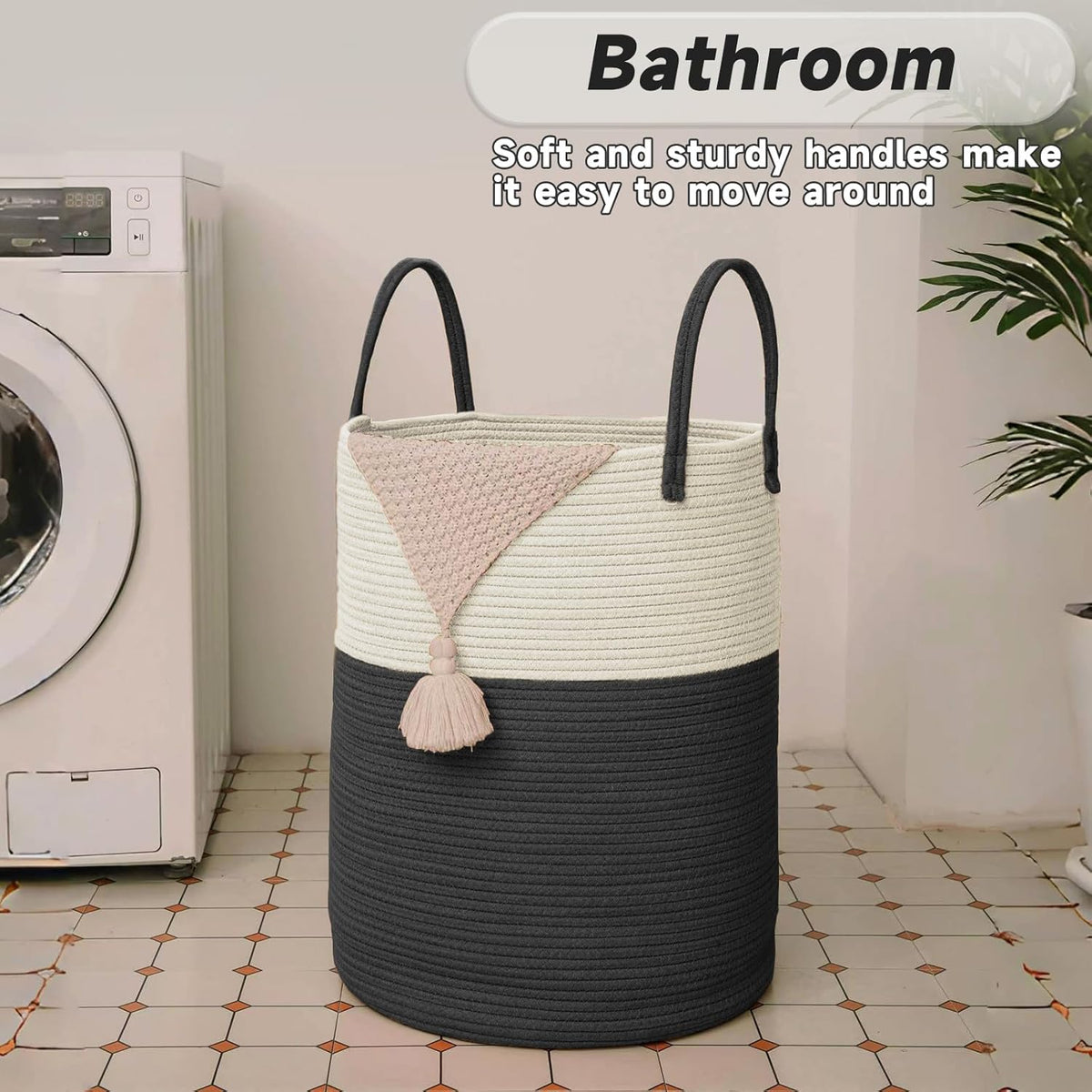 Large Woven Laundry Basket Hamper,100L Cotton Rope Storage Bin for Blankets,Toys and Clothes,Decorative Tall Nursery Hamper for Living Room,Baby Nursery,Bathroom and Bedroom,White and Black