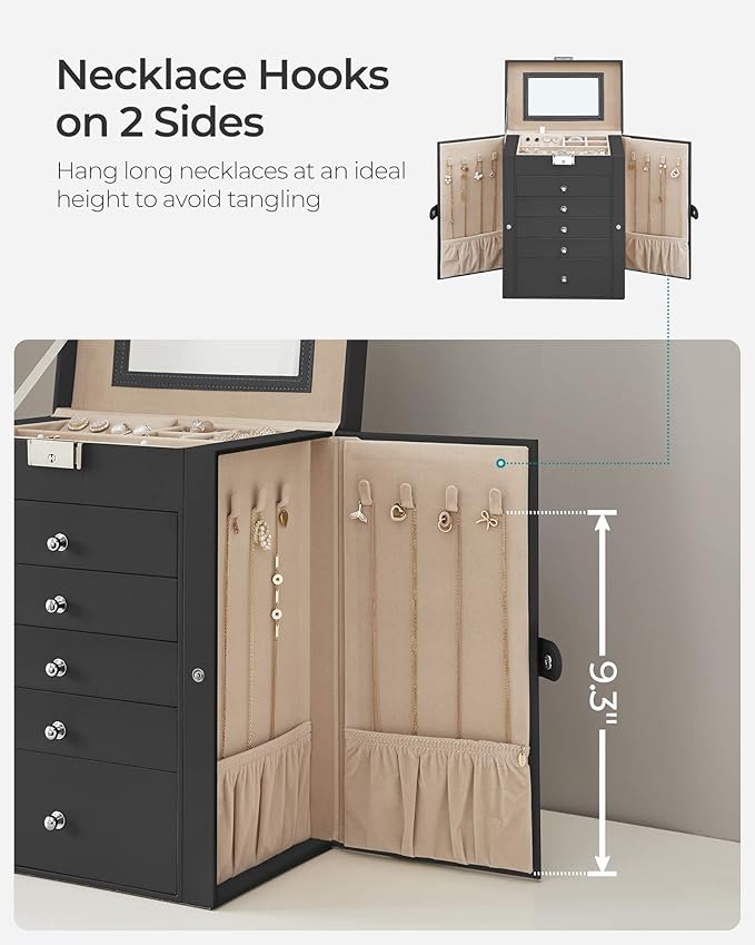 SONGMICS 6 Tier Jewelry Box, Jewelry Storage Organizer with 5 Drawers, Large Storage Capacity, with Mirror, Lockable, Jewelry Case, Gift for Loved Ones, For Watches, Black UJBC152B01