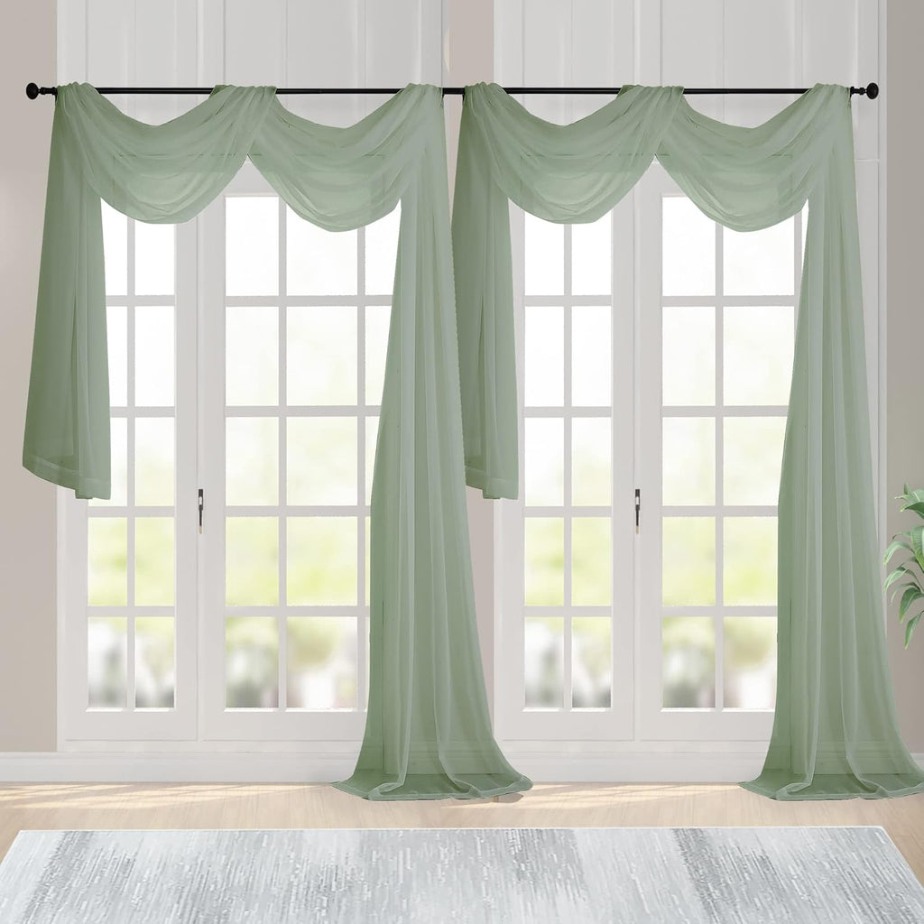Chyhomenyc Sage Green Sheer Scarf Valances for Windows 216 Inch Extra Long, Window Scarf Drapes Rod Pocket Backdrop for Wedding Arch Draping/Party/Canopy Bed/Living Room, 2PC, 18 Feet Length