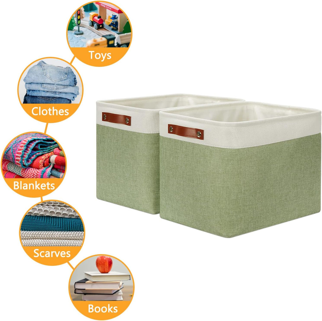 DULLEMELO 2-Pack Large Storage Baskets for Organizing 16"x12"x12" Canvas Fabric Storage Basket Bins With Leather Handles for Shelf Clothes Empty Gift Basket (White&Green)