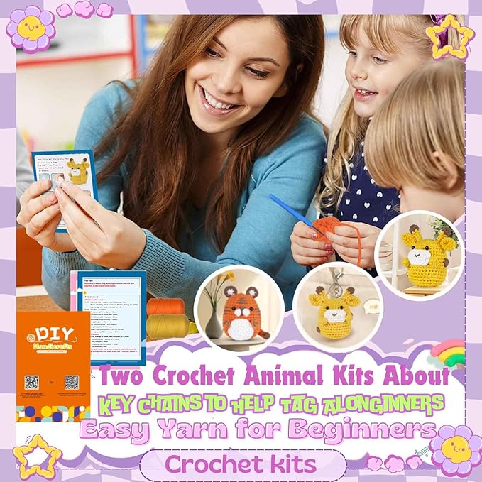 yhwsymgmho Crochet Kit for Beginners:2pcs Animals amigurumi Crochet Starter Kits with Step-by-Step Video Tutorials,Easy Knitting Set for Adults Kids,DIY Crocheting Doll Gift(Tiger & Giraffe)