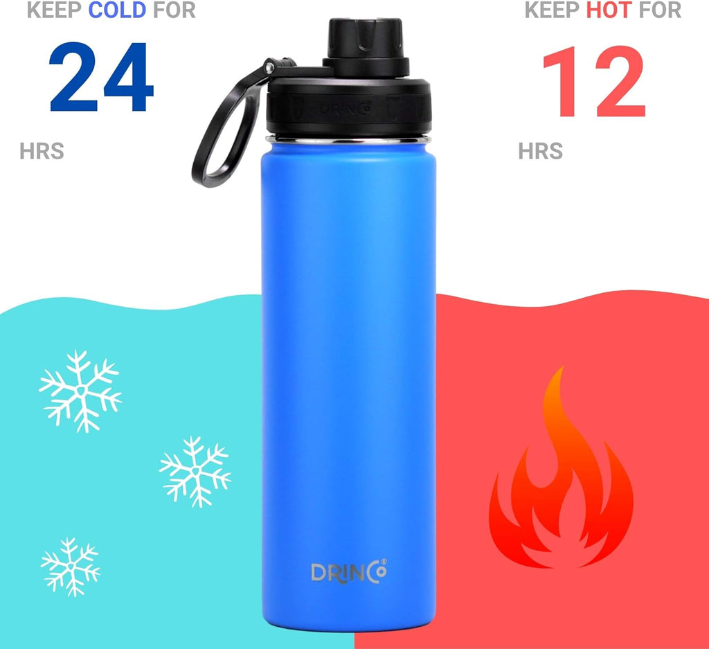 DRINCO Stainless Steel Water Bottle Spout Lid Vacuum Insulated Double Wall Water Bottle Wide Mouth (40oz 32oz 22oz 18oz 14oz) Leak Proof Keeps Cold or Hot (22 oz, 22oz Royal Blue)