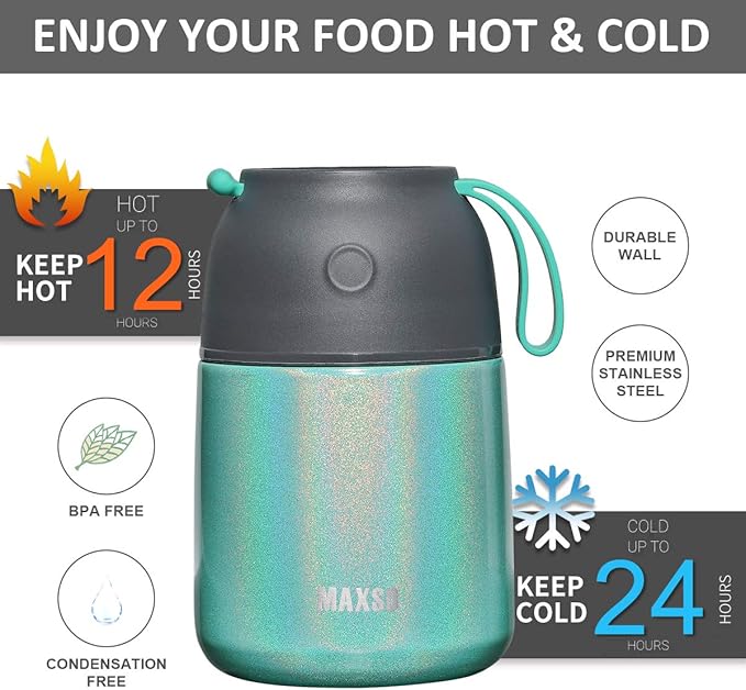 Insulated Food Jar for Hot & Cold Food for Kids Adult,17 oz Soup Thermo Hot Food Containers for Lunch, Triple Layer Insulation Stainless Steel Food Jar with Spoon (GPeacock)