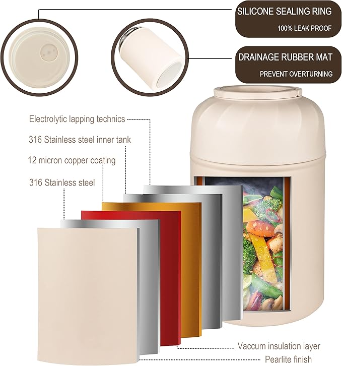 Thermo for Hot Food & Drinks, Thermo Lunch Box, 17oz Vacuum Insulated Food Container with Spoon&Drawstring Bag, Soup Thermo for Adults, White