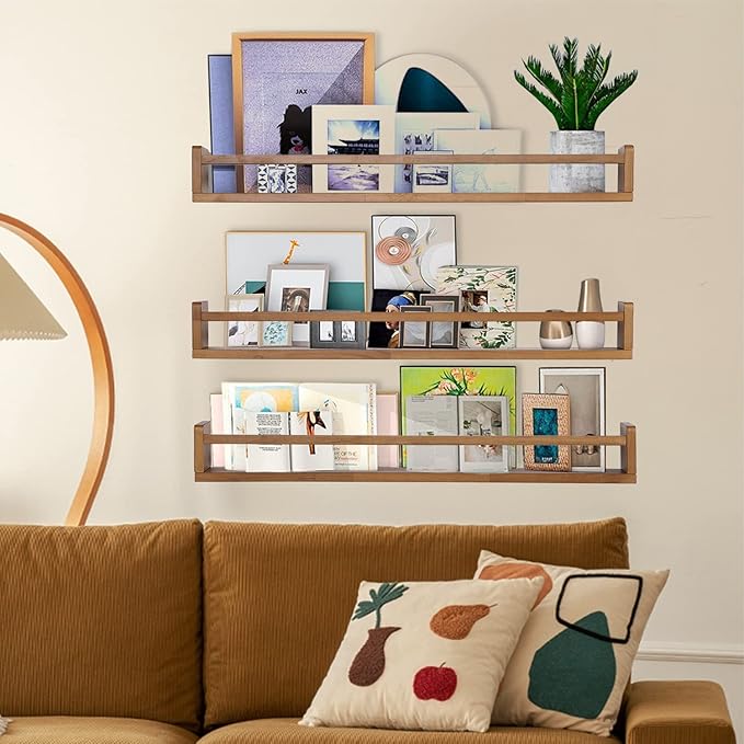 AZSKY Light Walnut Nursery Book Shelves 36 in Floating Wall Mounted Bookshelf Kids Room Hanging Shelves Toddlers Toys Books Storage Organizer a Set of 3