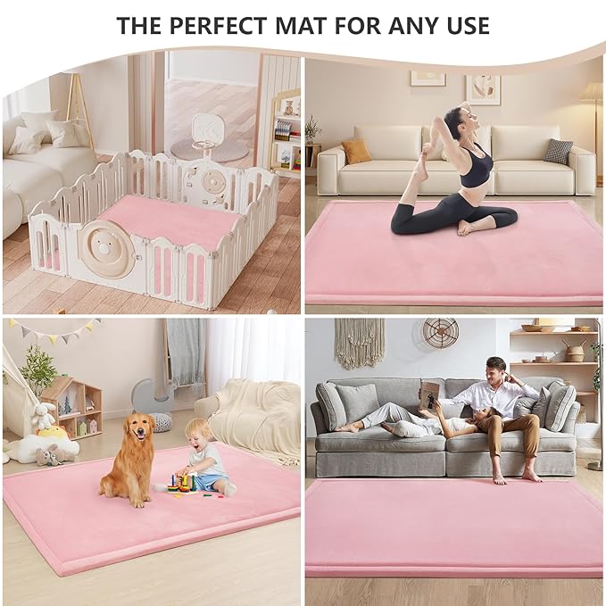 Baby Play Mat for Floor,1.3" Thick Memory foam Tummy Time Mat,Soft Coral Velvet Nursery Rug,Extra Large Non Slip for Crawling,Toddlers,Infants,kids,Yoga&Tatami Style for Living Room(Pink)
