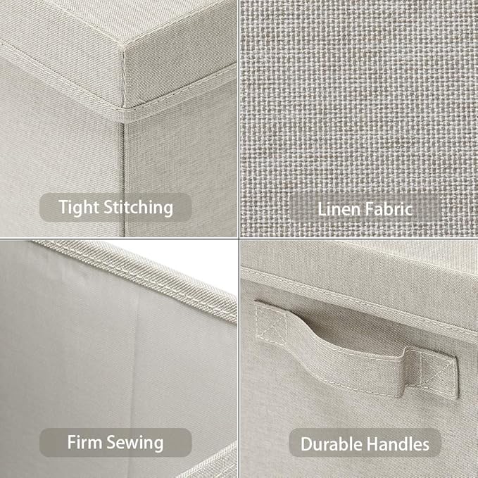 HOONEX Foldable Storage Bins with Lids, 2 Pack, Storage Boxes with Carrying Handles and Sturdy Heavy Cardboard, 16.5" L x 11.8" W x 7.5" H for Shoes, Books, Clothes, Linens, Beige