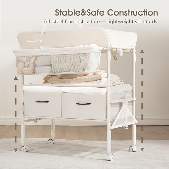 Baby Changing Table with Wheels, Maydolly Portable Foldable Changing Table, Waterproof Diaper Changing Station, Adjustable Height Changing Station, Mobile Nursery for Newborn and Infant (Beige)