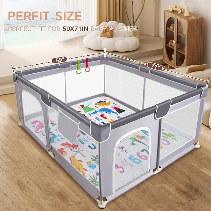 Baby Play Mat - Thicken 71x59 Inch Soft Foam Crawling Mat for Playpen & Floor, Non-Slip Waterproof Playmats for Infants & Toddlers, Portable Foldable & Machine Washable, Dinosaur & Letters