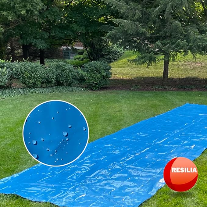 RESILIA - Super Slip Lawn Water Slide XXL, 30 Feet Long x 8 Feet Wide, for Adults and Teens, Powder Blue with Hold Steady Stakes, Made in The USA