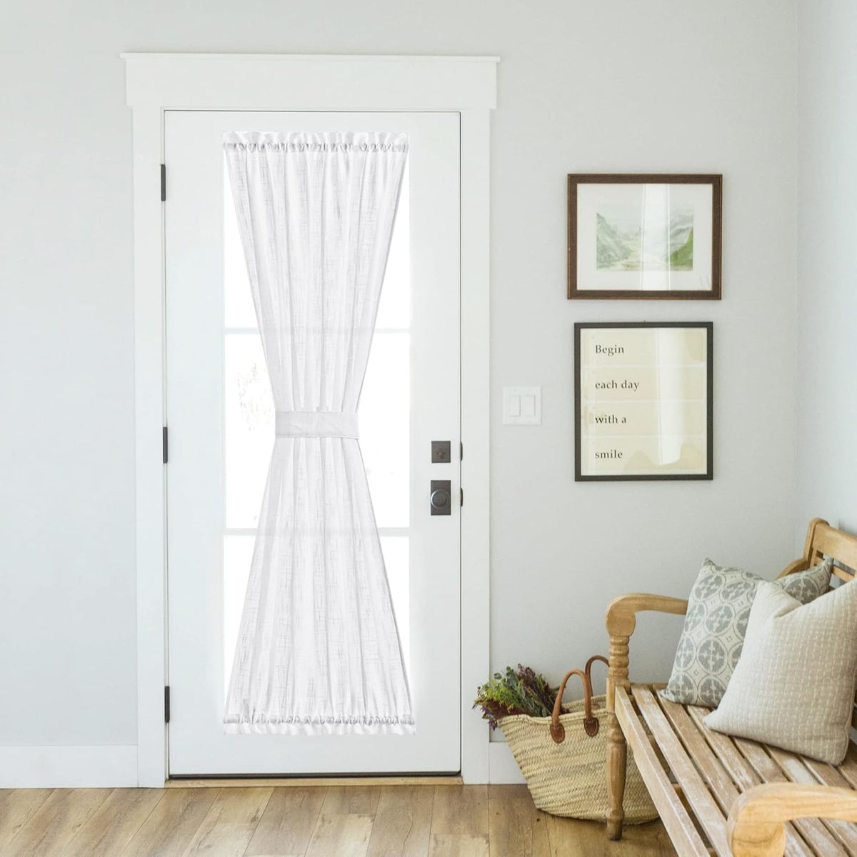 NICETOWN French Door Curtain Panel Linen Look Classroom Window Shade Sidelight Filtering 72 Inches White Sheer Curtains for Front Doors with Tieback, 36 Inches Wide, Sold in 1 PC