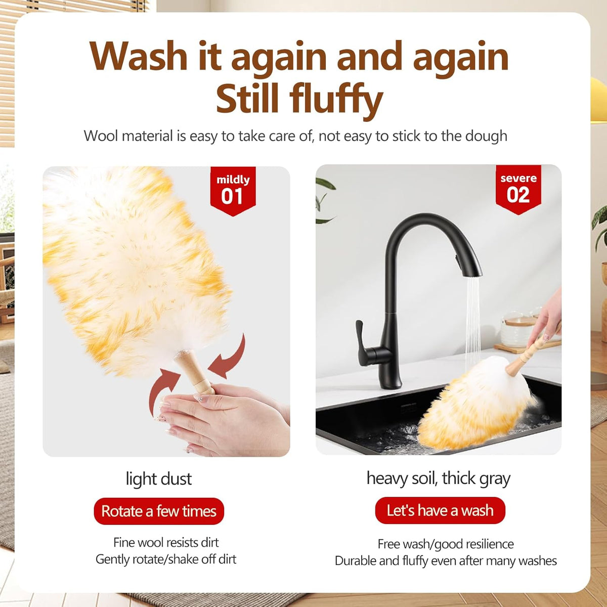 Lambswool Duster for Cleaning with Solid Wooden Handle Leather Hang Strap 19.6 inch Natural Feather Duster for Cleaning Ceiling Fans Window Blinds Computer Furniture(2 Pack)