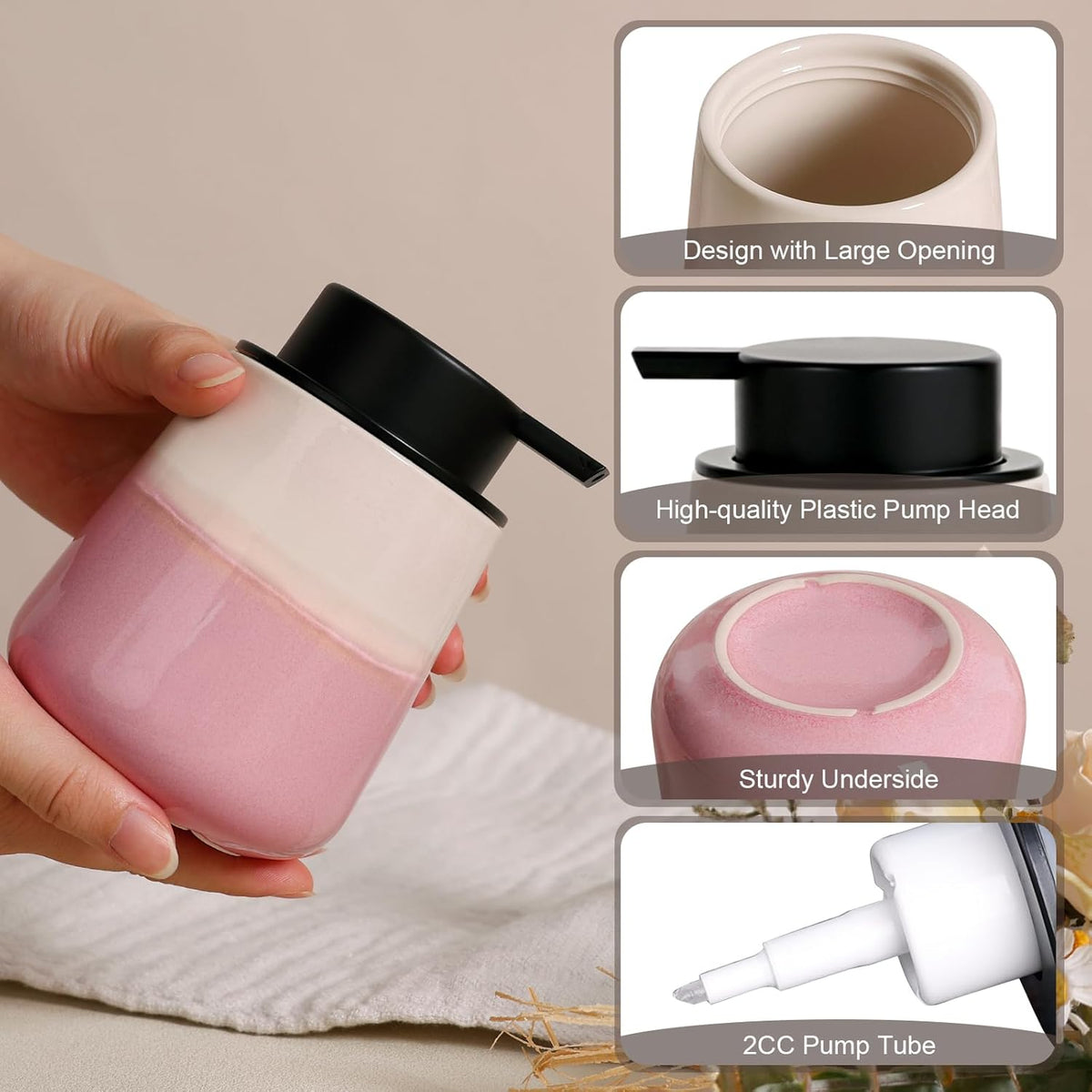 INGOFIN Ceramic Foaming Soap Dispenser - 12oz Foam Hand Soap Dispenser Bathroom, Refillable Modern Dish Dispenser with Pump for Kitchen, Beige and Pink