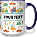 Personalized Mug for Kids - Vehicles - Custom Name/Text, Ceramic Hot Chocolate/Cocoa/Coffee Cup for Boys, Birthday/Christmas/Holiday Gift - 15 oz, Navy Blue Handle