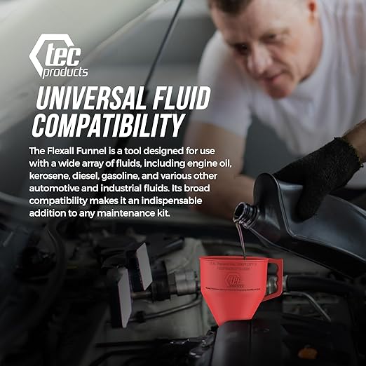 TEC Products FlexAll Long Flexible Funnels - Automotive Oil Funnel with Hose, Durable Nitrile Rubber for Oil Change, Transmission Funnel Fluid, Diesel, Fuel, Gas - Made in USA - Red (12 x 4 Inches)