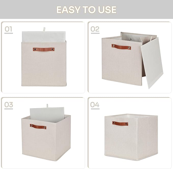 HNZIGE Fabric Storage Cubes Set of 4,12 x 12 Storage Baskets,Cloth Storage Bins for Organizing with Handles,Closet Baskets for Organizing Home Nursery(Gream)