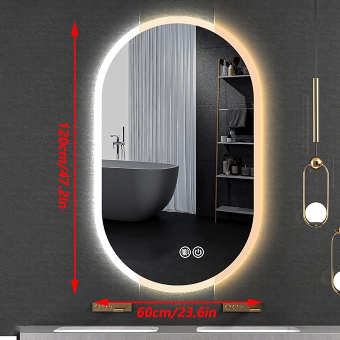 Irregular Bathroom Mirror with 3 Colour LED Light, Wall Mounted Makeup Mirror with Touch Switch and Demister Pad, Energy-Saving LED Smart Mirrors, Dimmable(A,23.6 * 47.2in/60 * 120cm)