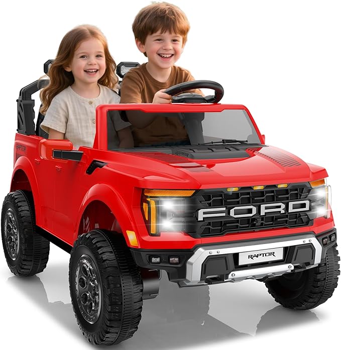 24V Ride on Car Licensed Ford F-150 Raptor, Kids Electric Car with Remote Control, LED Light/Music/MP3, Truck Bed Storage, 3-Point Seat Belt (24V, Red)