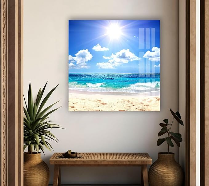 My Photostation.com 28Wx18H'' Summer Beach Landscape Glass Wall ArtTempered Glass Printing Wall Decor Large Wall Art Wall Hangings