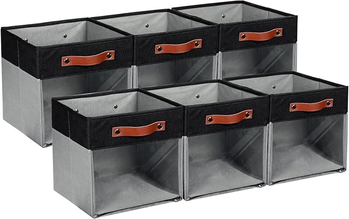 HNZIGE Cube Storage Bins 11 x 11, Fabric Cubes Storage Bins 11x11 Clear Storage Organizer,Canvas Storage Bin for Cube Storage, Cubby Collapsible Organizer Bin for Organizing Home(Gray Black 6PCS)