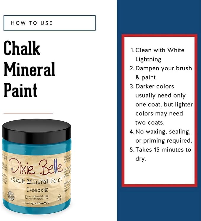 Dixie Belle Paint Company Chalk Finish Furniture Paint - Peacock (8oz) - Matte True Teal Chic Chalk Mineral DIY Furniture Paint