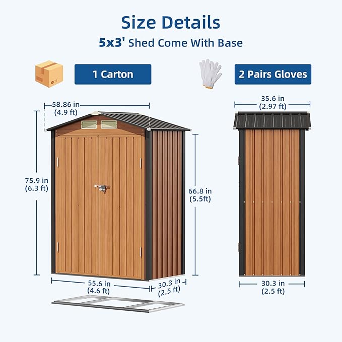 5x3FT Outdoor Storage Shed, Metal Garden Shed with Floor Base, Updated Frame Structure & Lockable Doors, Large Tool Shed for Backyard, Patio,Lawn,Utility & Bike Storage