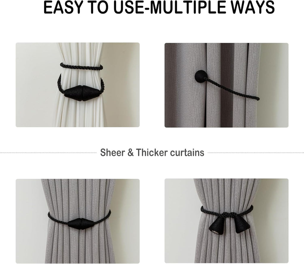 Magnetic Curtain Tiebacks 6 Pack Outdoor Rope Curtain Tie Backs Decorative Window Treatment Holdbacks for Home Decorative Curtain, Black