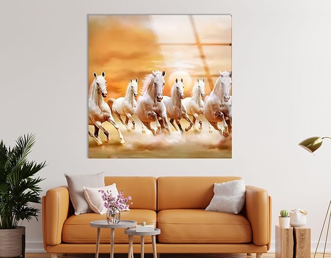 My Photostation.com Round 24'' White Horses Running on Sunset Glass Wall ArtTempered Glass Printing Wall Decor Large Wall Art Wall Hangings