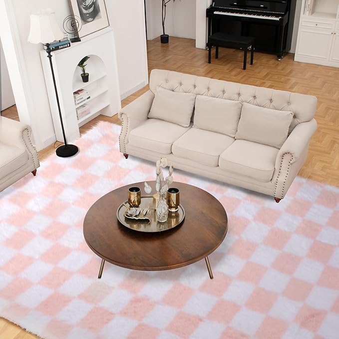 Super Soft Rug for Bedroom, Pink and White Area Rug Classic Checkered Shaggy Anti-Skid High Pile Soft Fluffy Rug Fuzzy Carpet for Living Room Bedroom Kids Room Nursery, Dorm Home Decor
