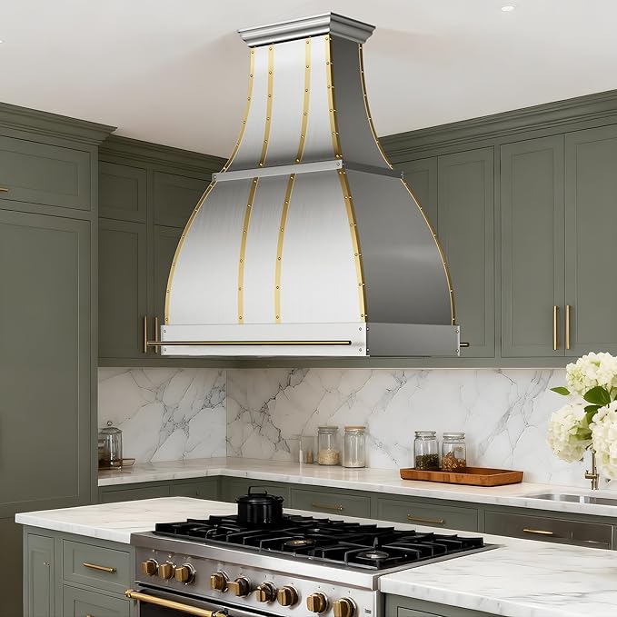 CHETTO C Stainless Steel Range Hood Cover with Quiet Vent Hood Insert Custom Handcrafted Metal Kitchen Fan with Towel Rack LED Light 60"W x27"D x48"H Brushed Stainless Steel Island Mount