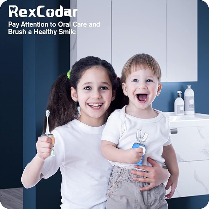Ultrasonic Kid's U-Shaped Electric Toothbrush, IPX7 Waterproof, Five Cleaning Modes, 60S Smart Reminder (Cartoon Astronaut,Blue Ages 2-6)